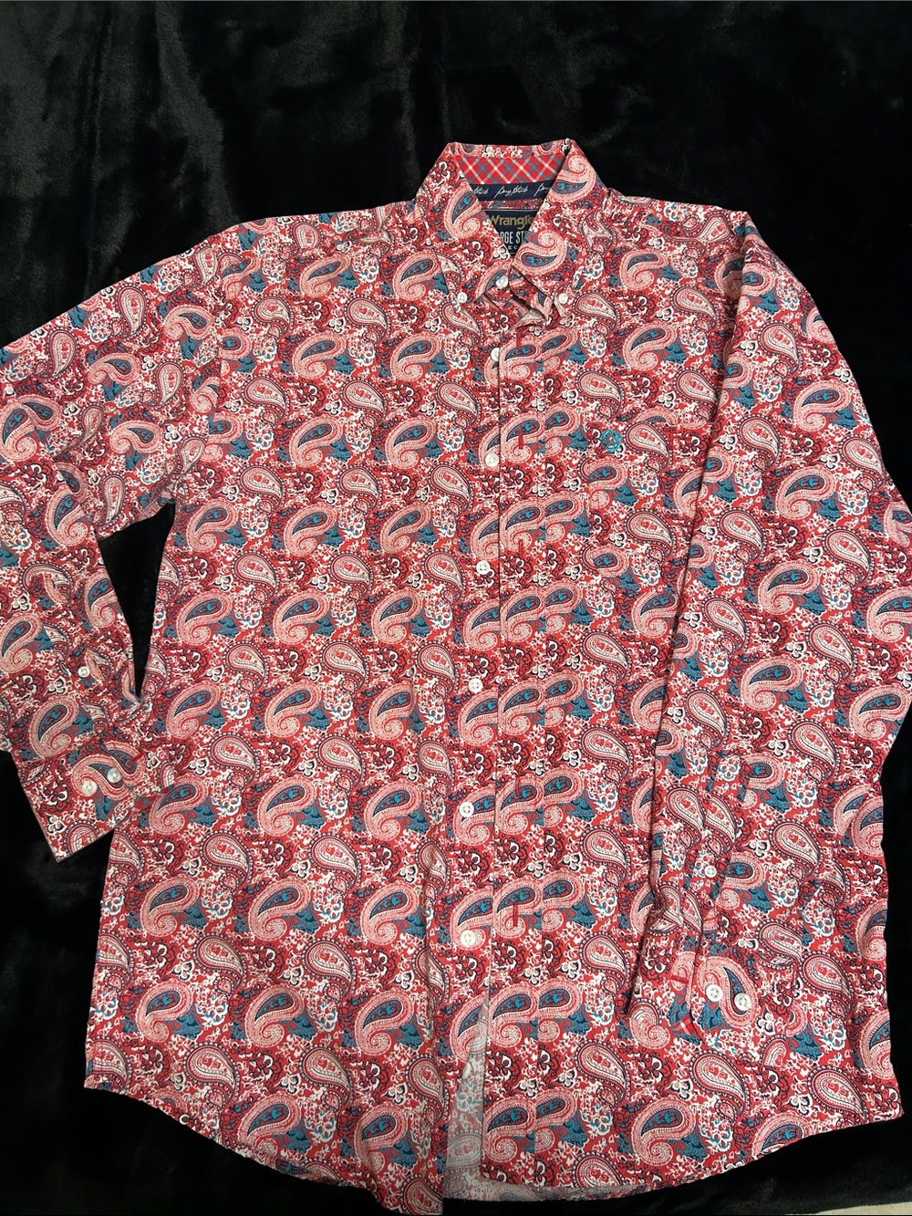 George Strait Wrangler Red Paisley Casual Button-Down Shirt with Blue Accents